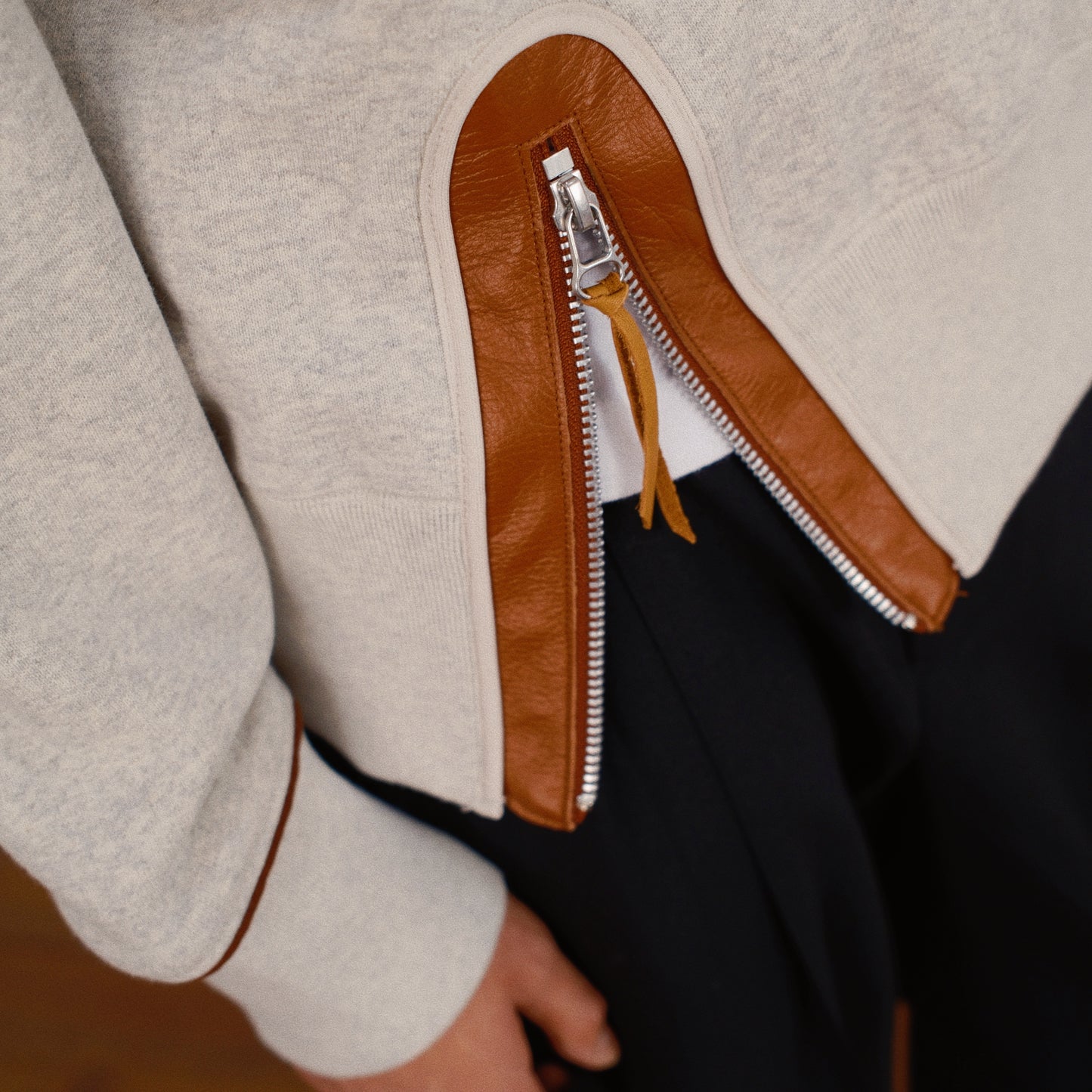 Leather-Trimmed Sweatshirt  Oatmeal