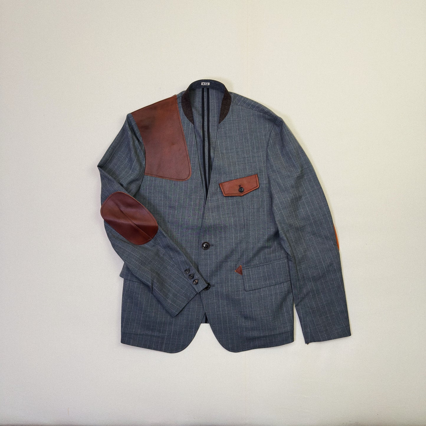 Leather-Patch No-Collar Jacket Gray