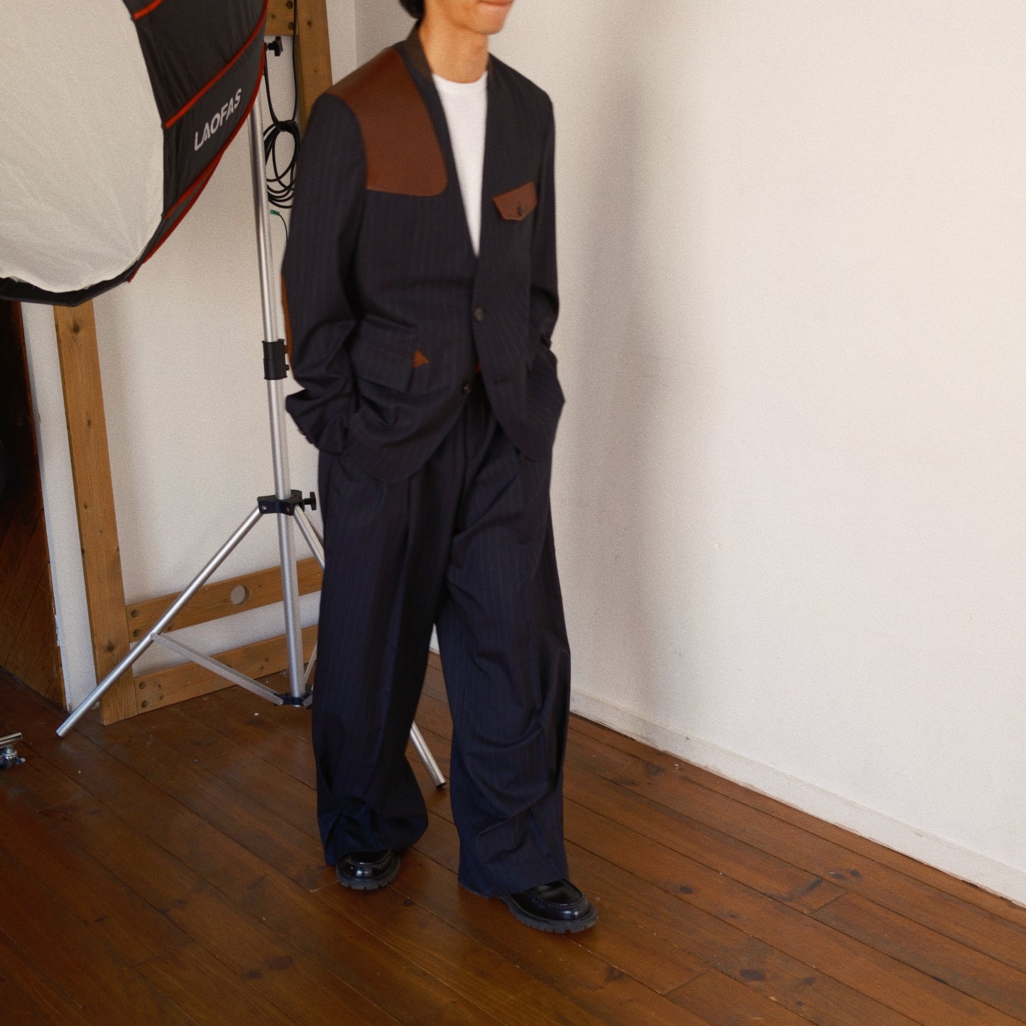 Leather-Patch No-Collar Jacket Black