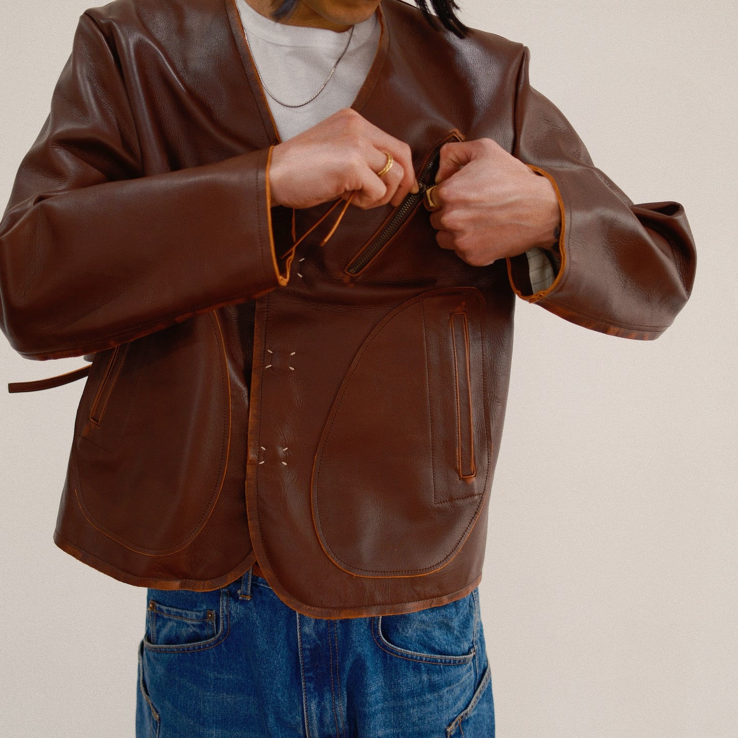No Collor Letther Jacket Brown jk-08