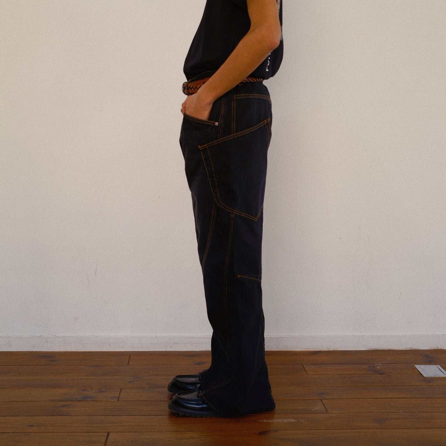 3D Cutting Denim Pants  Black