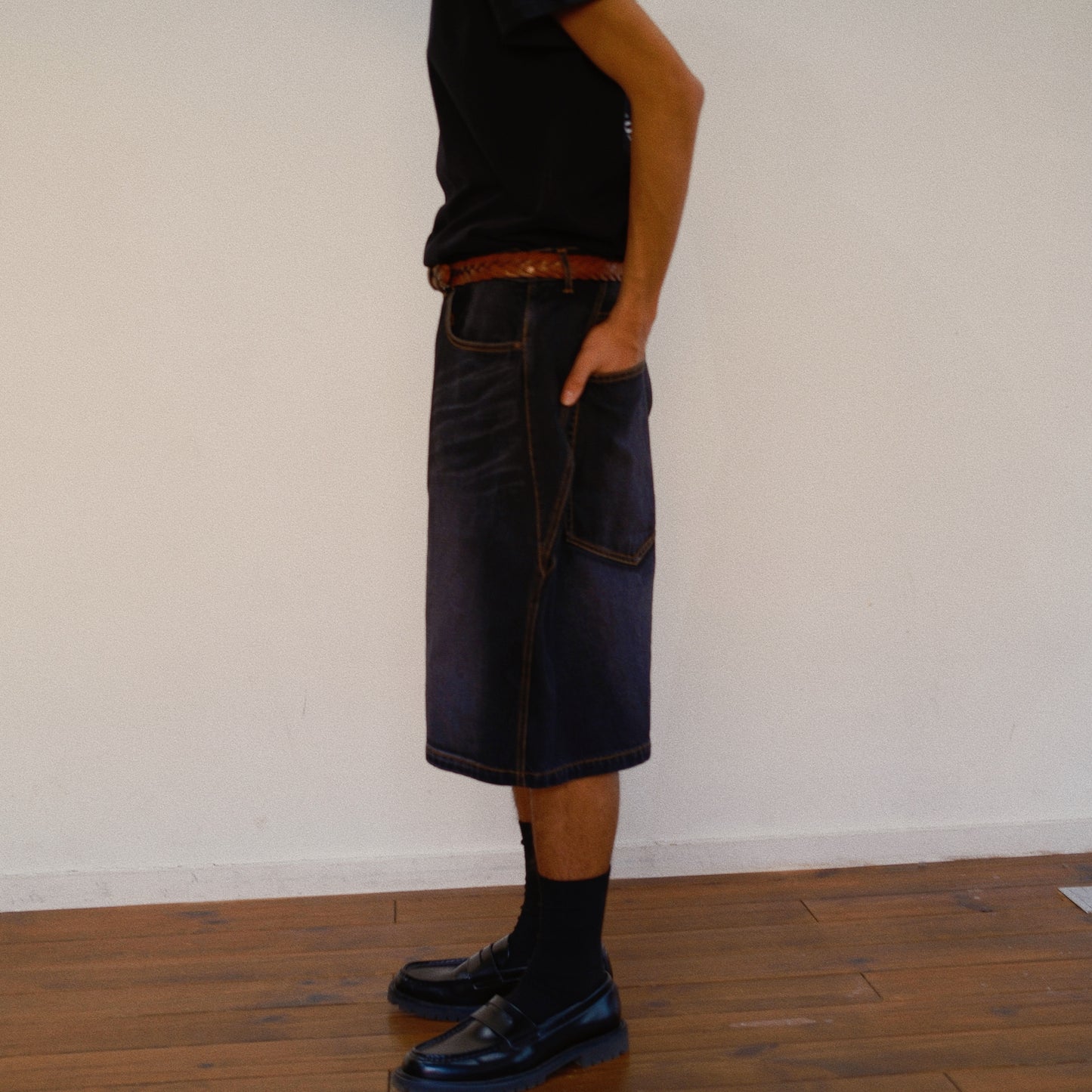 3D Cutting Half Denim Pants 　Black