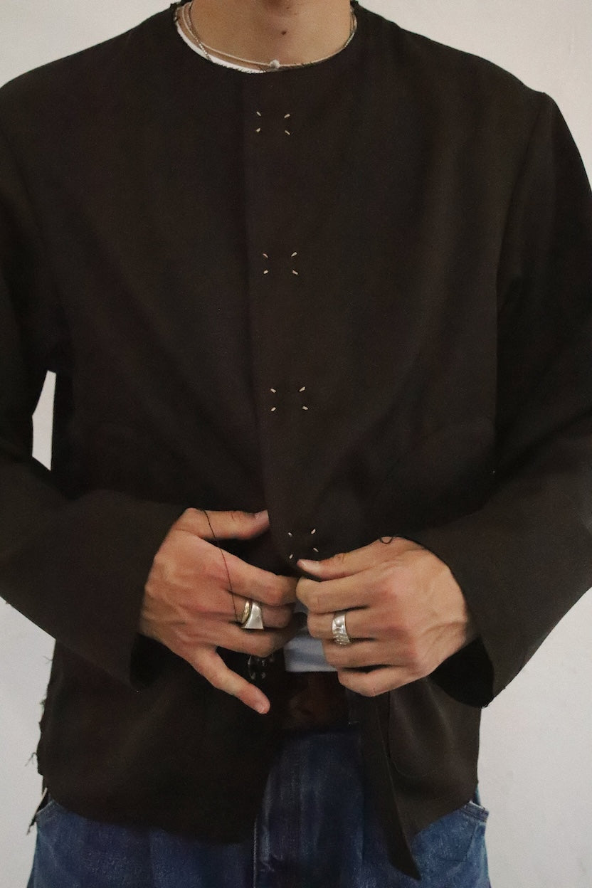 No-collar wool gabardine jacket Brown