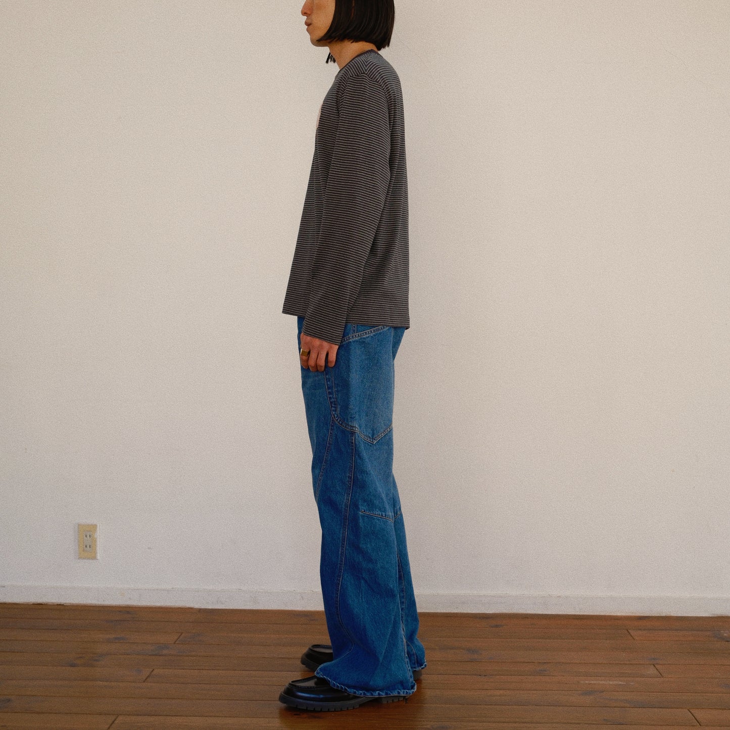 Hand-Embroidered Stripe Long Sleeve T-Shirt Black