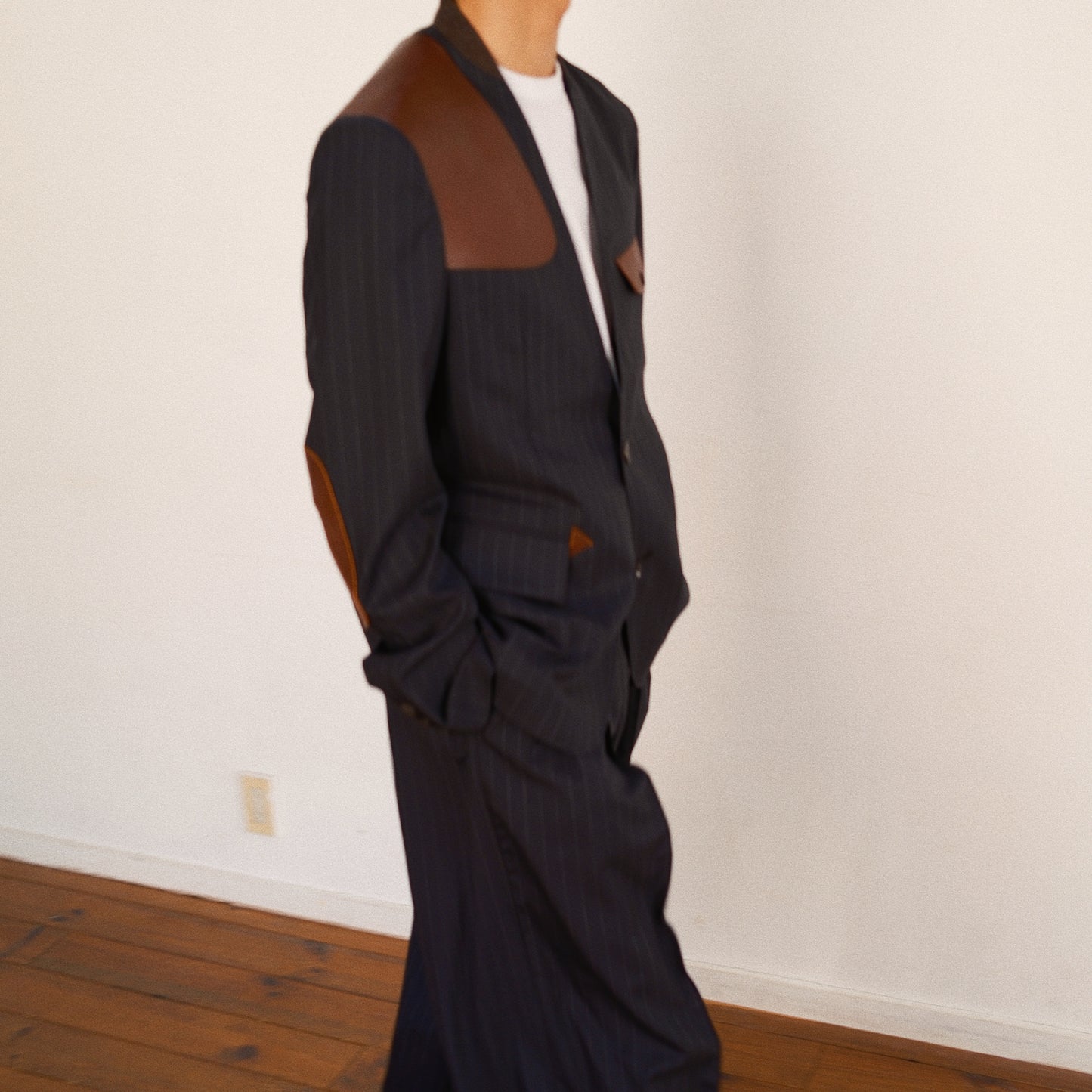 Leather-Patch No-Collar Jacket Black