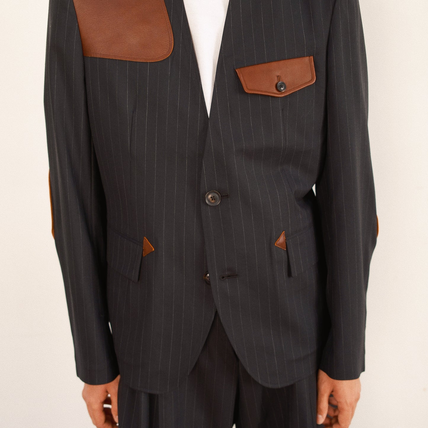 Leather-Patch No-Collar Jacket Black