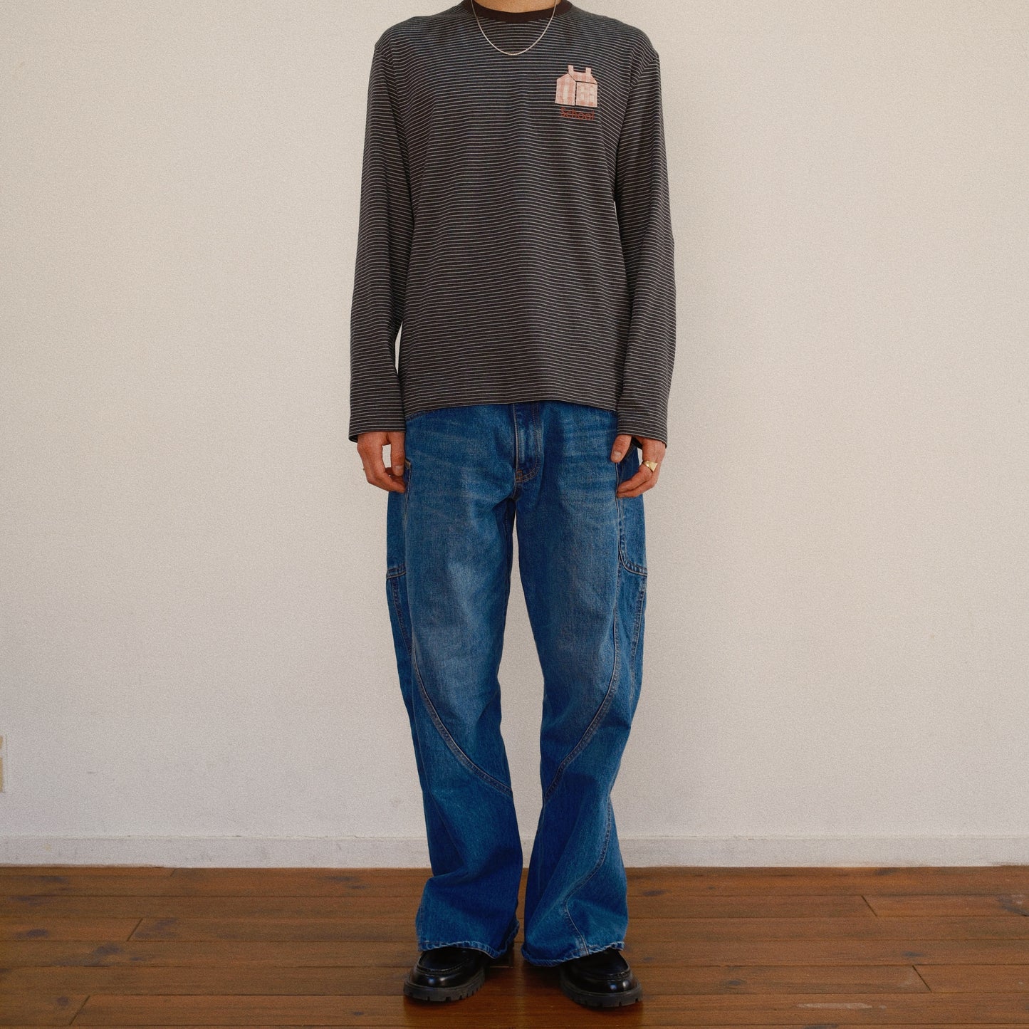 Hand-Embroidered Stripe Long Sleeve T-Shirt Black