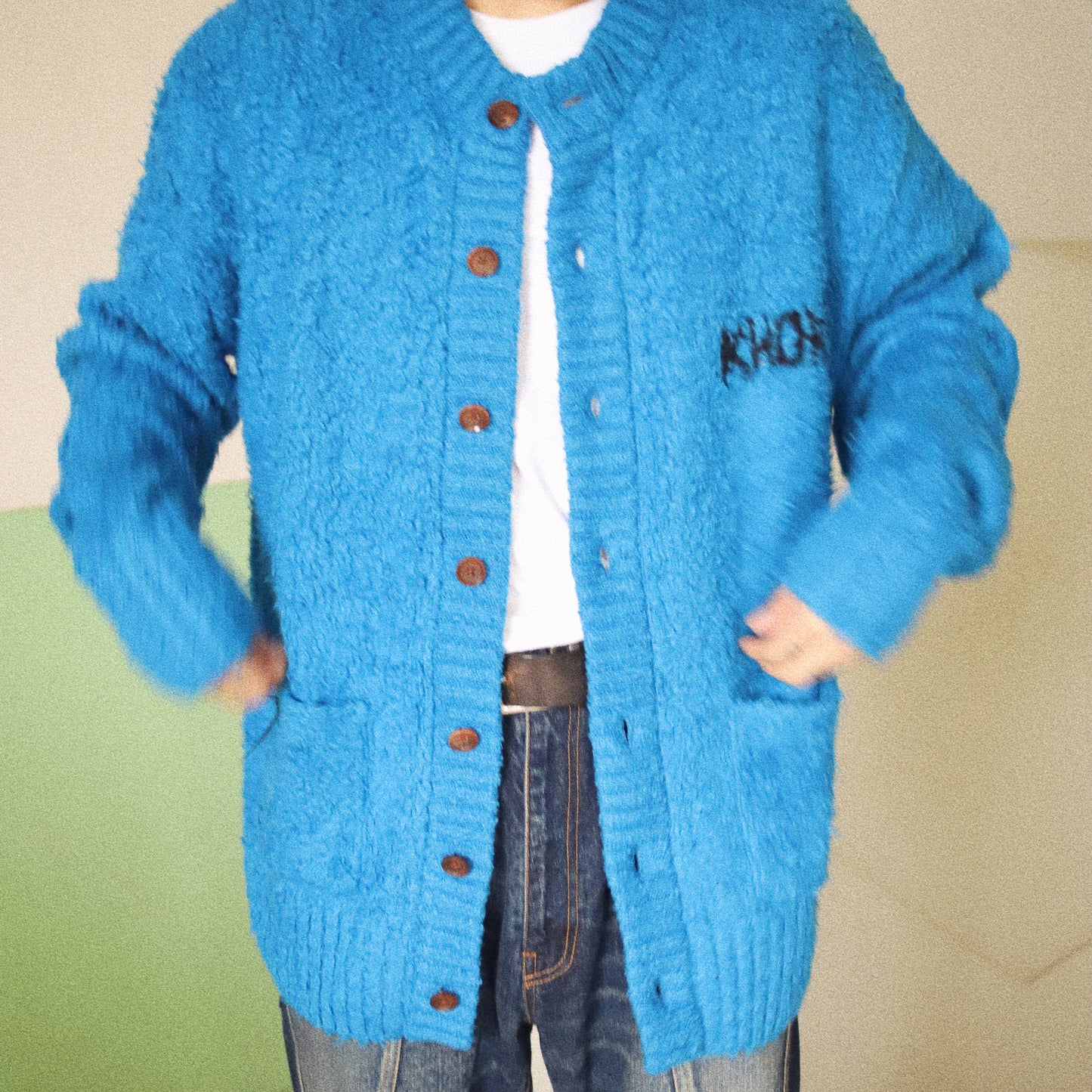 Embroidery-design crew-neck cardigan Blue