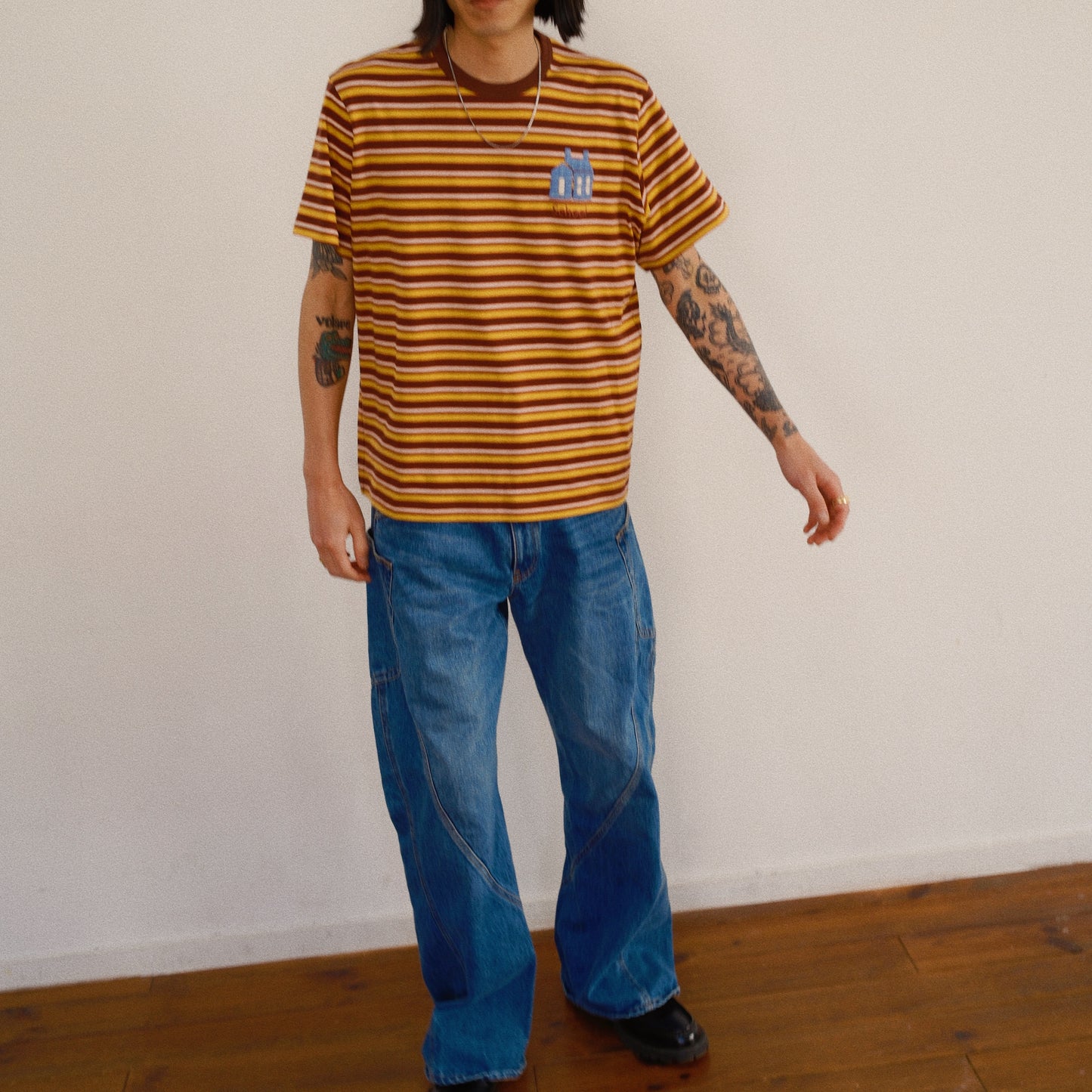Hand-Embroidered Stripe T-Shirt Brown