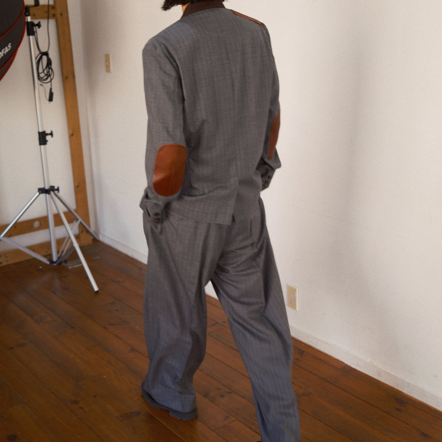 Leather-Patch No-Collar Jacket Gray