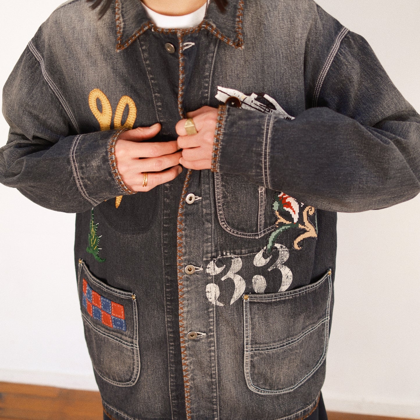 Hand-Embroidered Denim Coverall Black