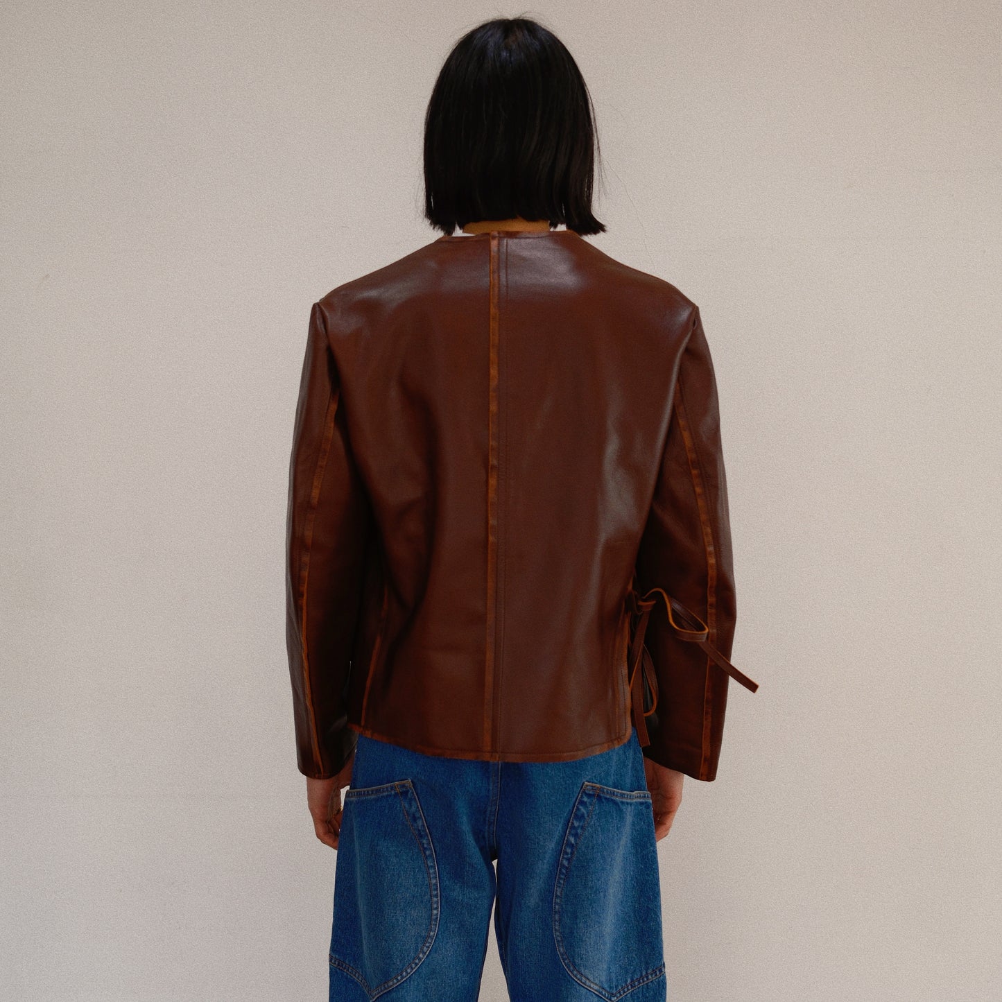 No Collor Letther Jacket Brown jk-08