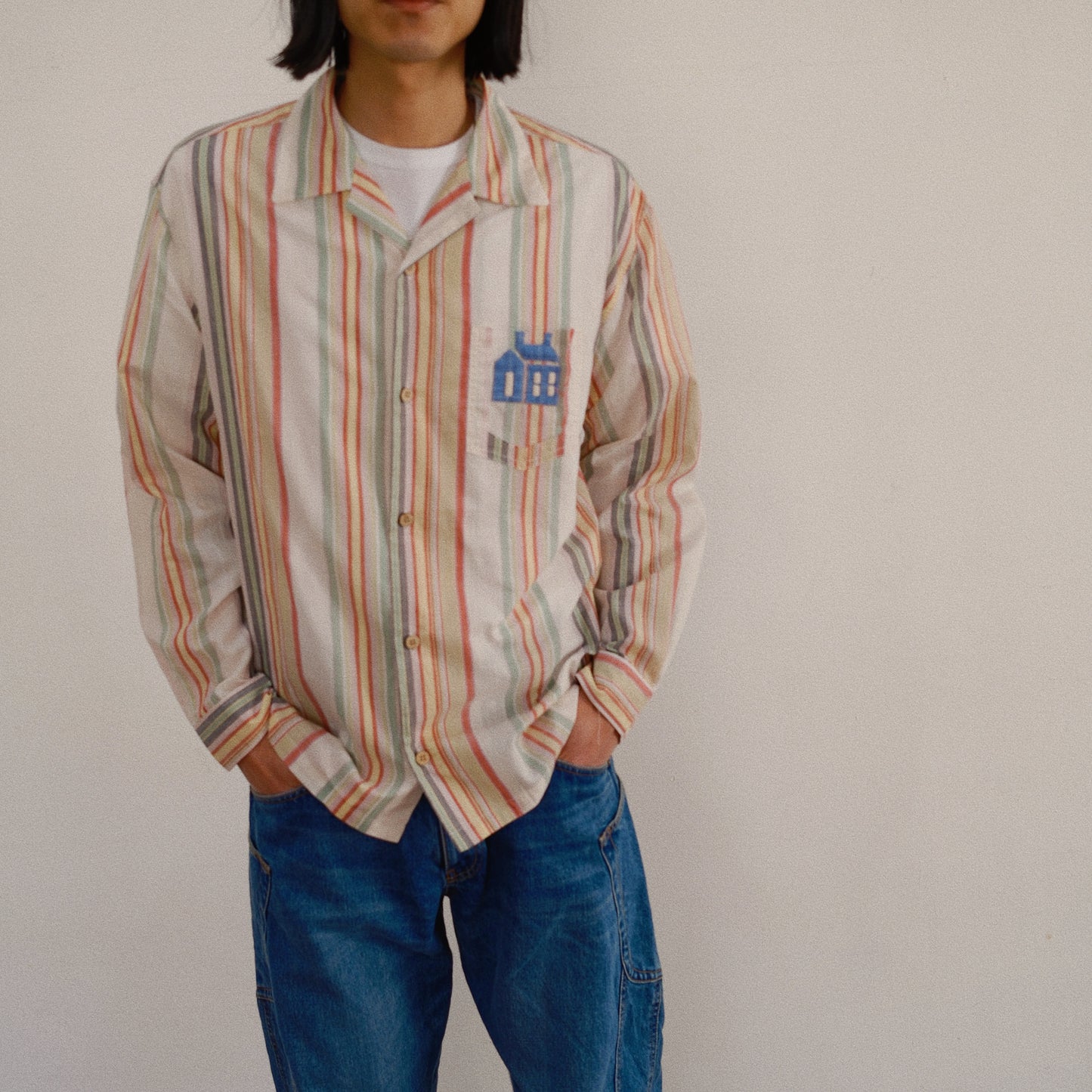 Hand-Embroidered Stripe Shirt  white