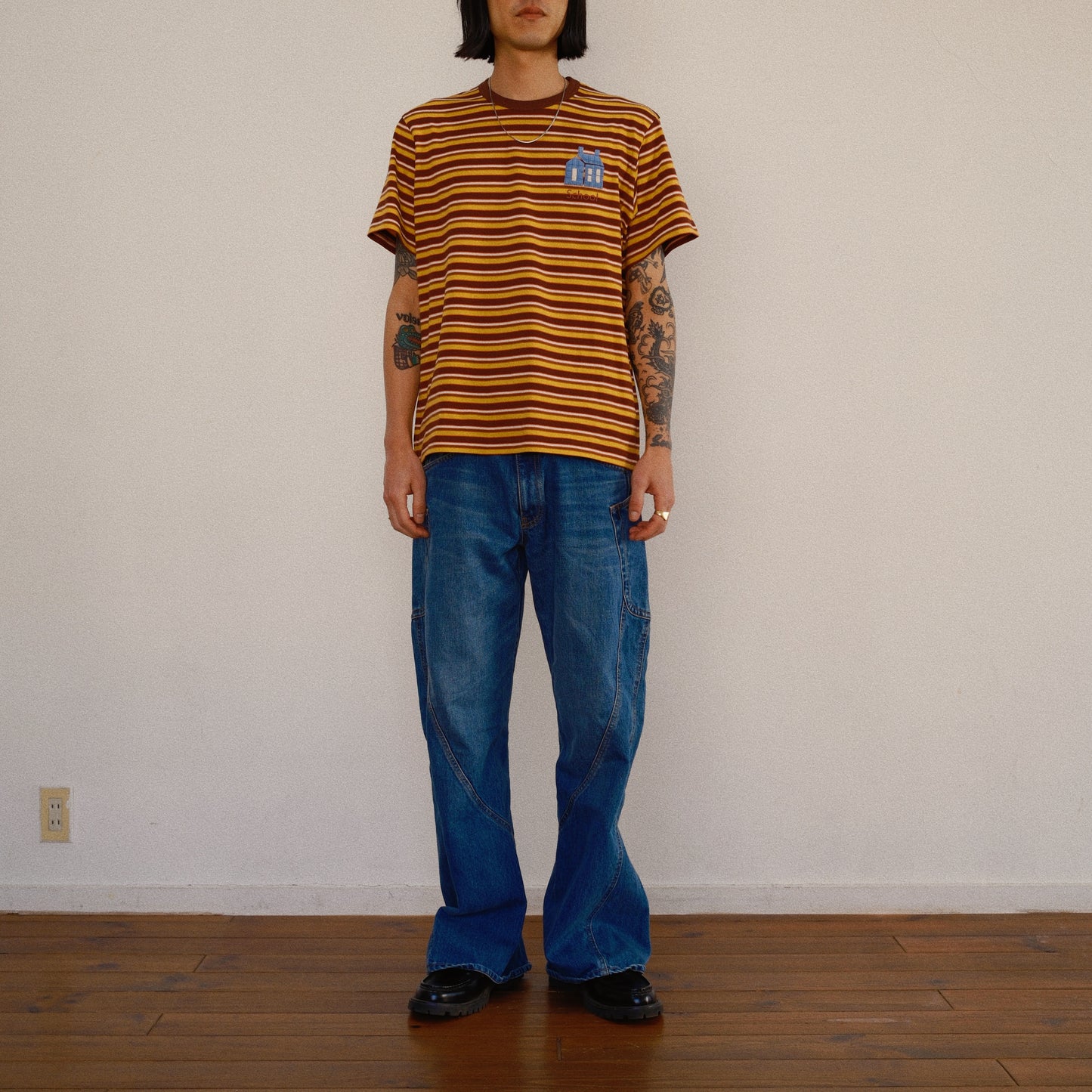 Hand-Embroidered Stripe T-Shirt Brown