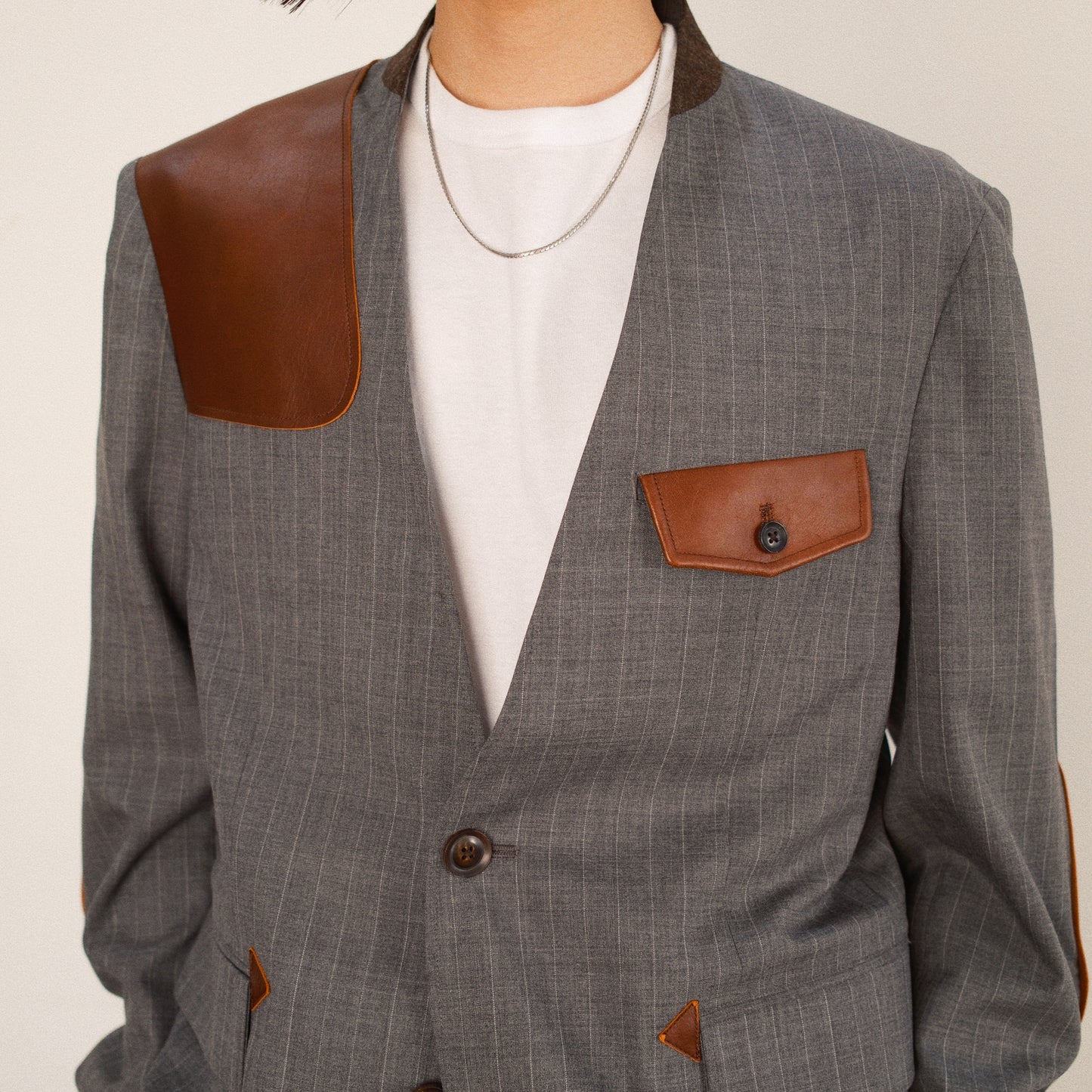 Leather-Patch No-Collar Jacket Gray