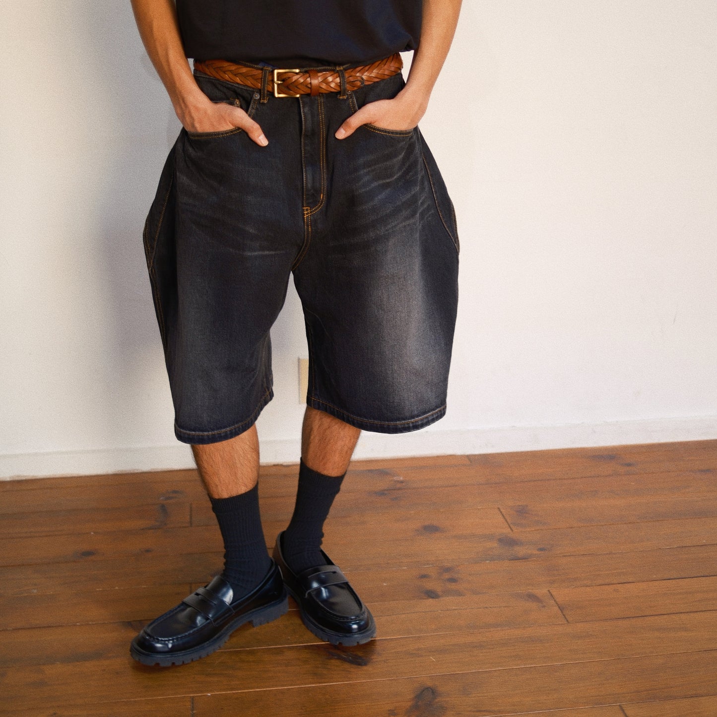 3D Cutting Half Denim Pants 　Black