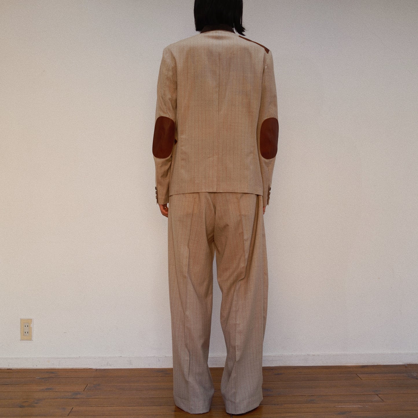 Leather-Patch No-Collar Jacket Beige