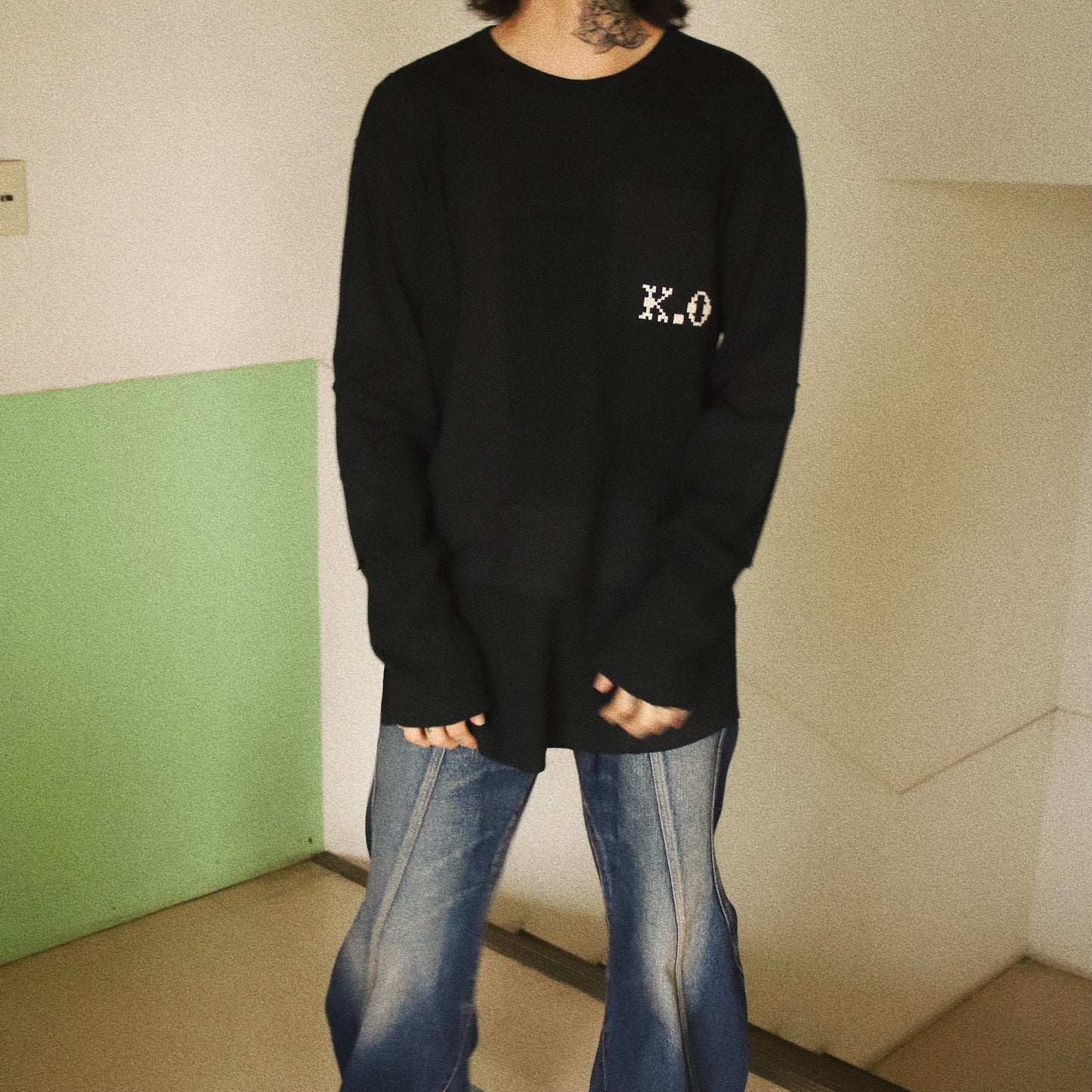 Panelled-design long sleeve T-shirt Black