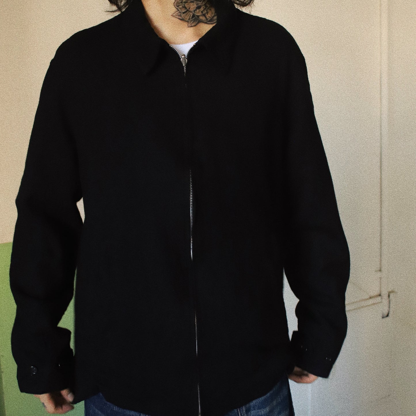 Washed wool zip up jacket Black