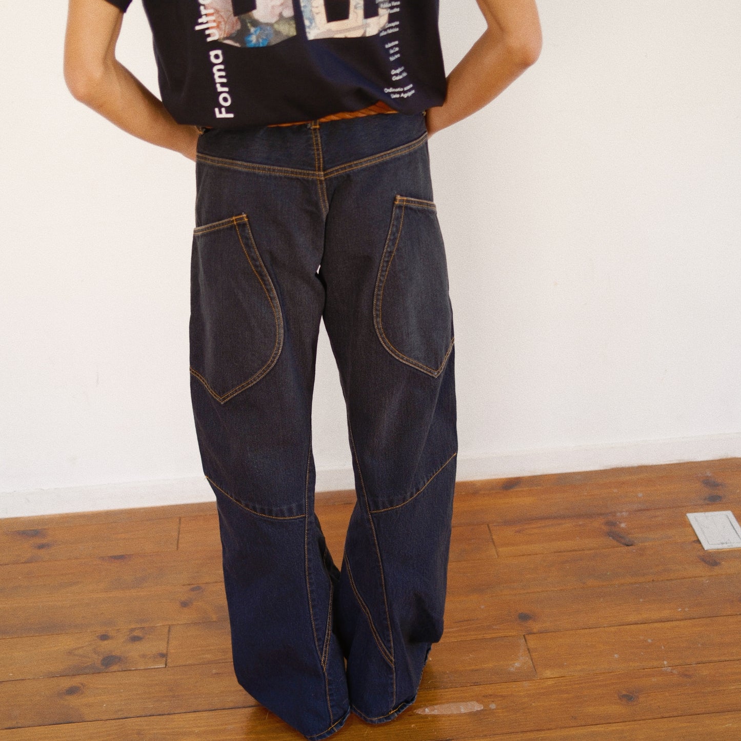 3D Cutting Denim Pants  Black