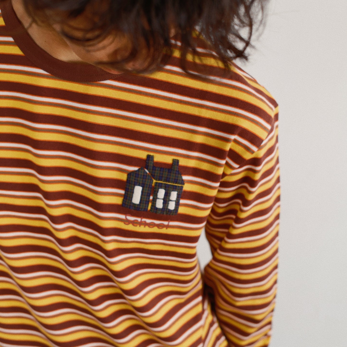 Hand-Embroidered Stripe Long Sleeve T-Shirt Brown