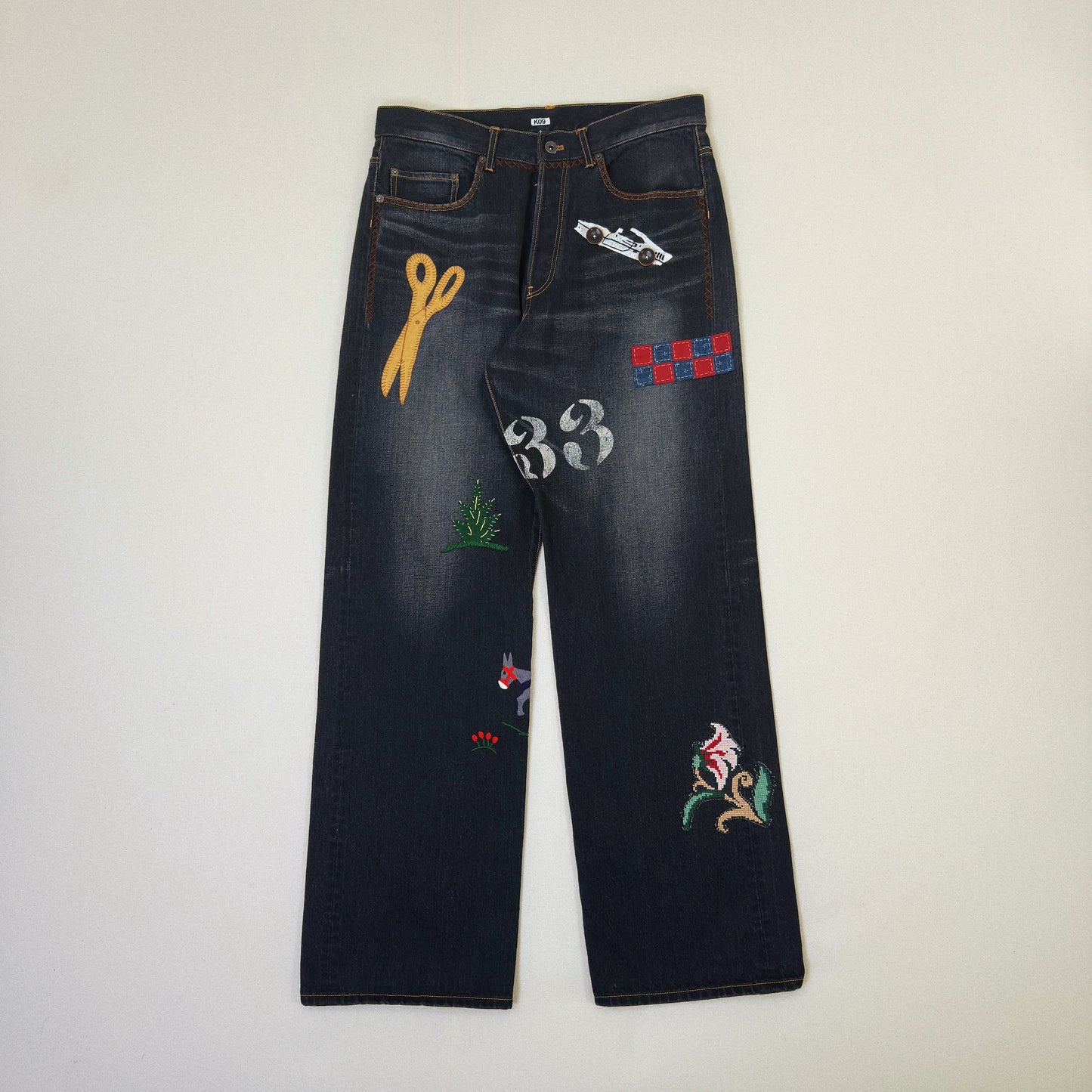 Hand-Embroidered Denim Pants 　Black