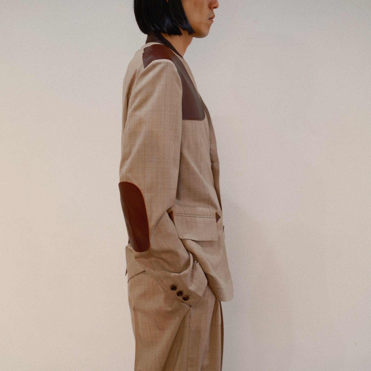 Leather-Patch No-Collar Jacket Beige