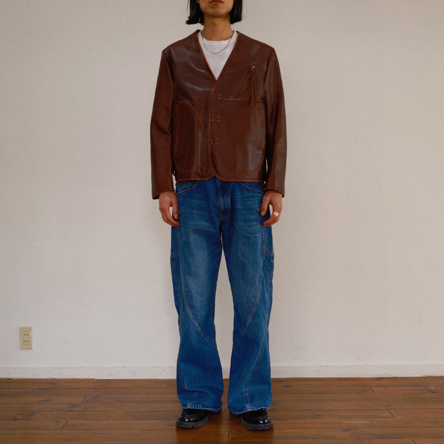 No Collor Letther Jacket Brown jk-08