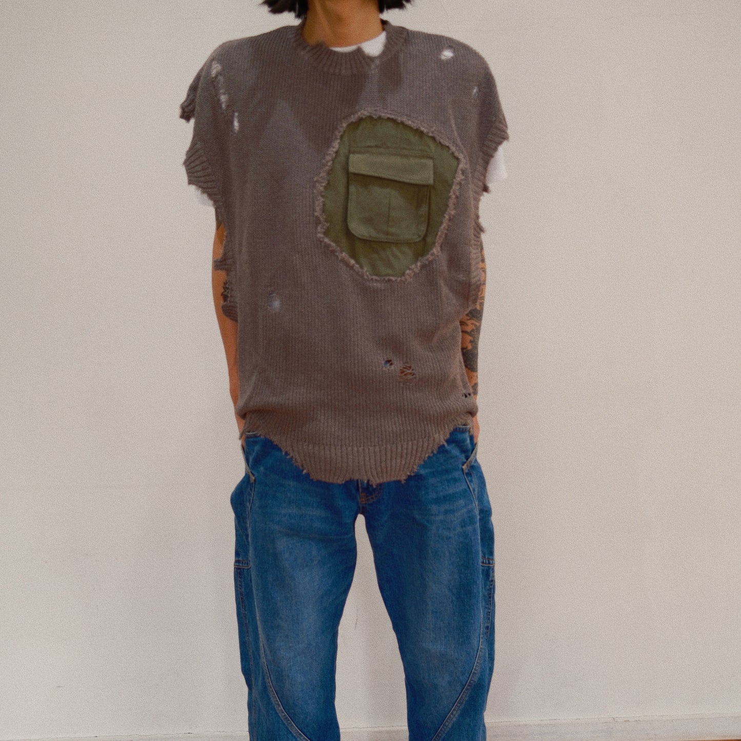 Destroyed Knit Vest Gray