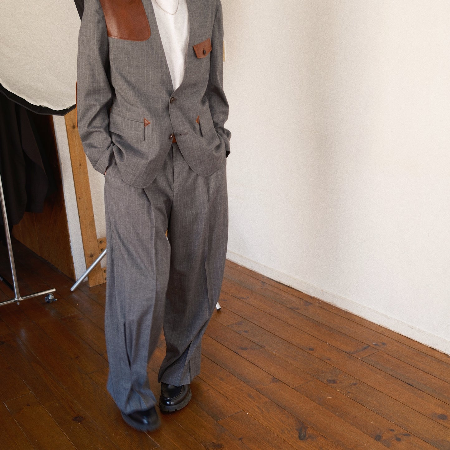 Leather-Patch No-Collar Jacket Gray