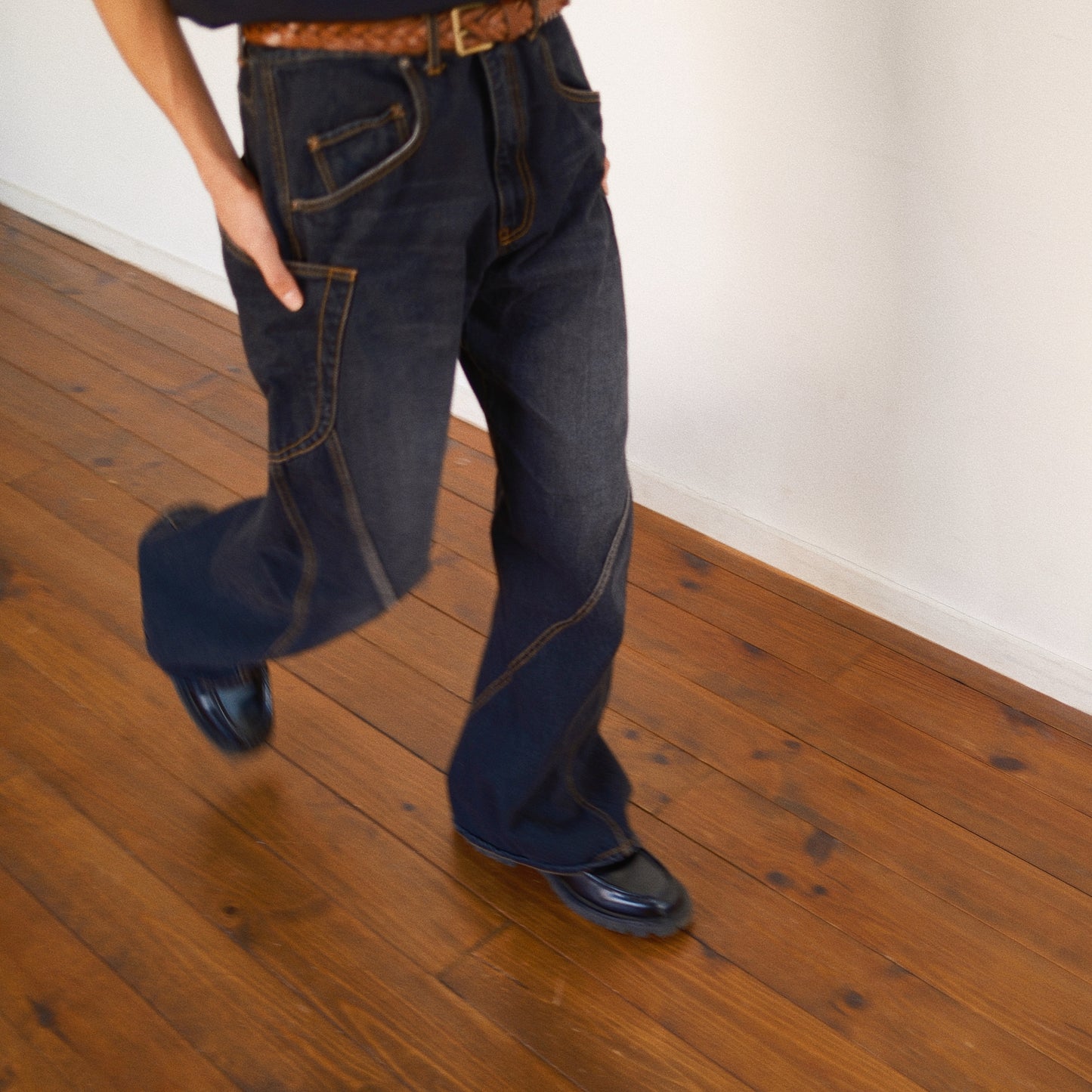 3D Cutting Denim Pants  Black