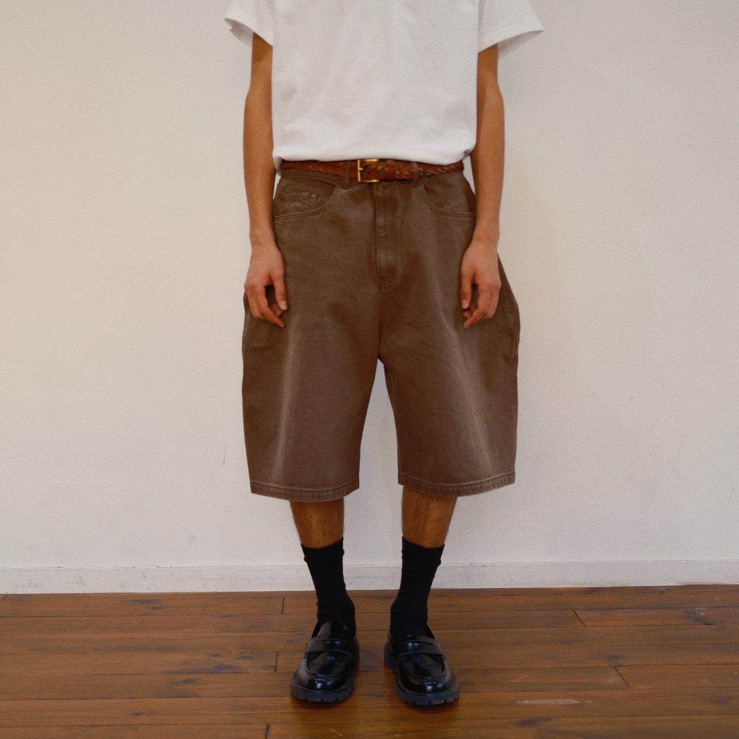 3D Cutting Half Denim Pants Brown