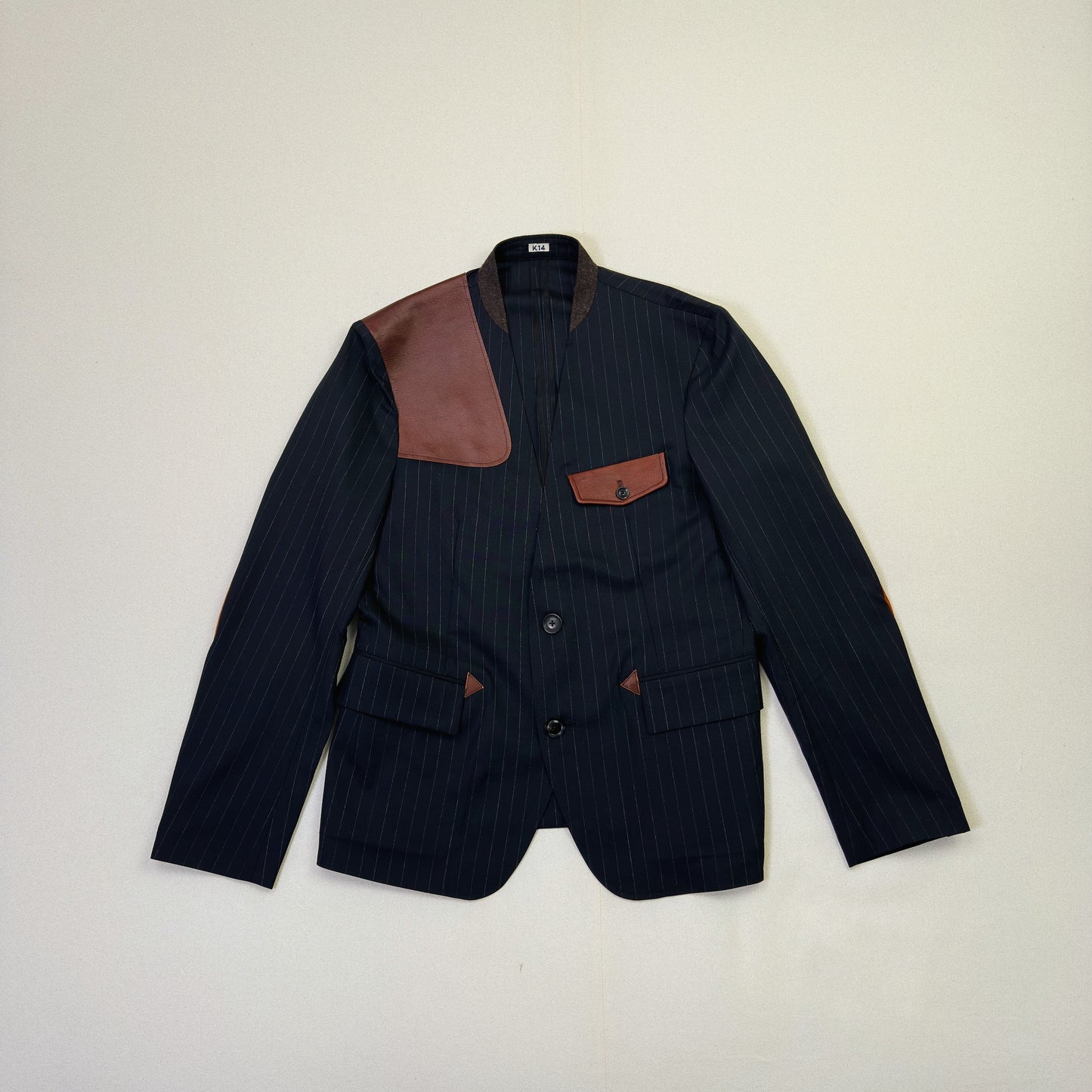 Leather-Patch No-Collar Jacket Black