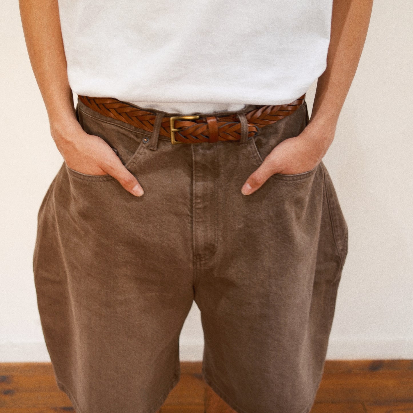 3D Cutting Half Denim Pants Brown