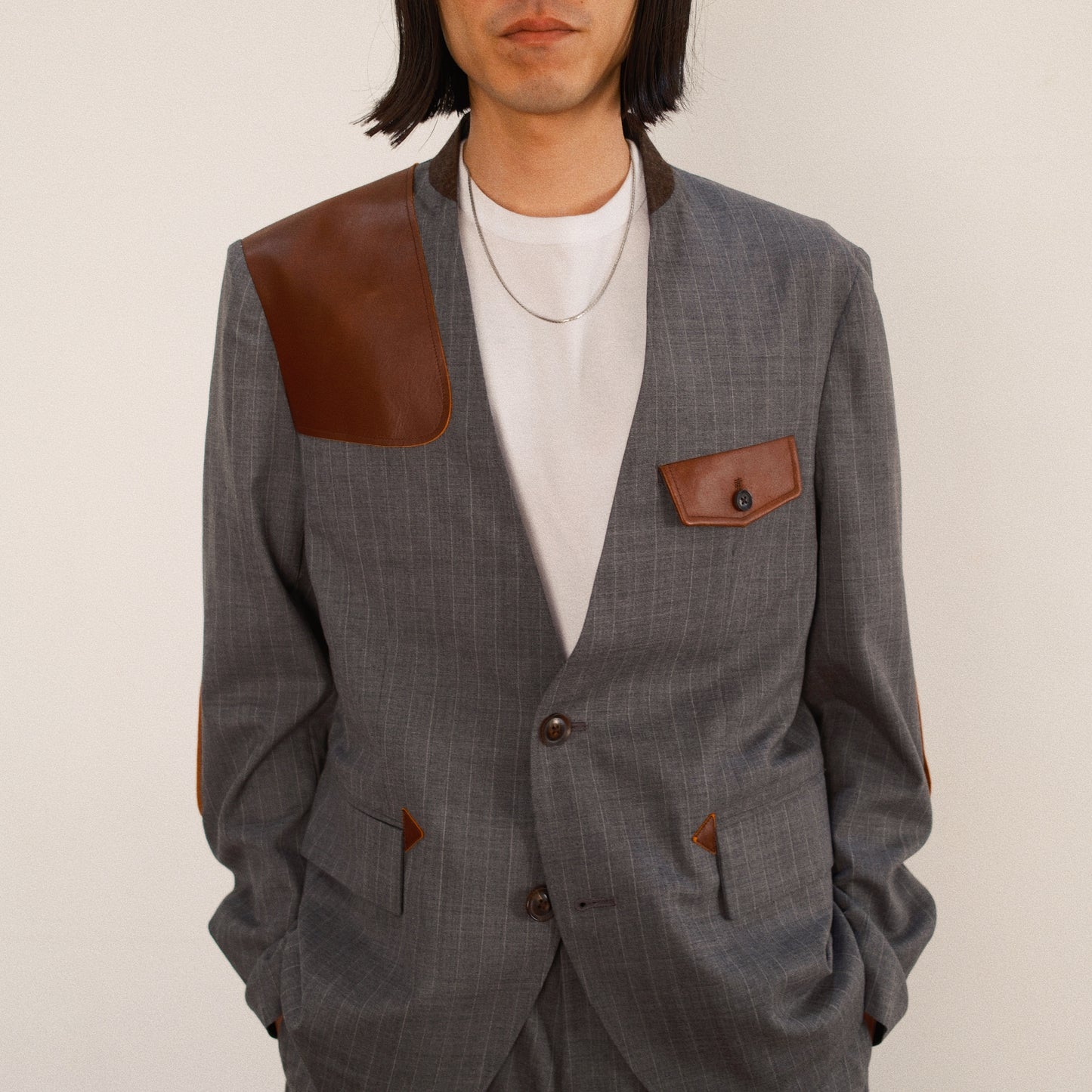 Leather-Patch No-Collar Jacket Gray