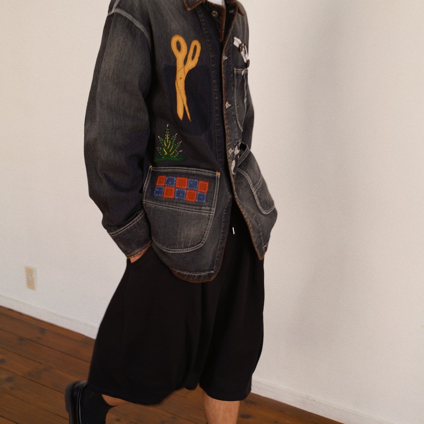 Hand-Embroidered Denim Coverall Black