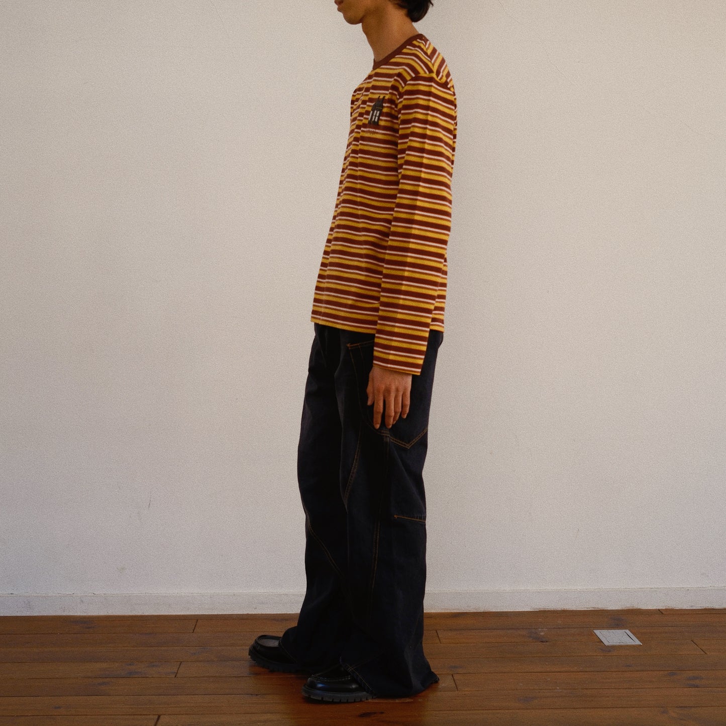 Hand-Embroidered Stripe Long Sleeve T-Shirt Brown