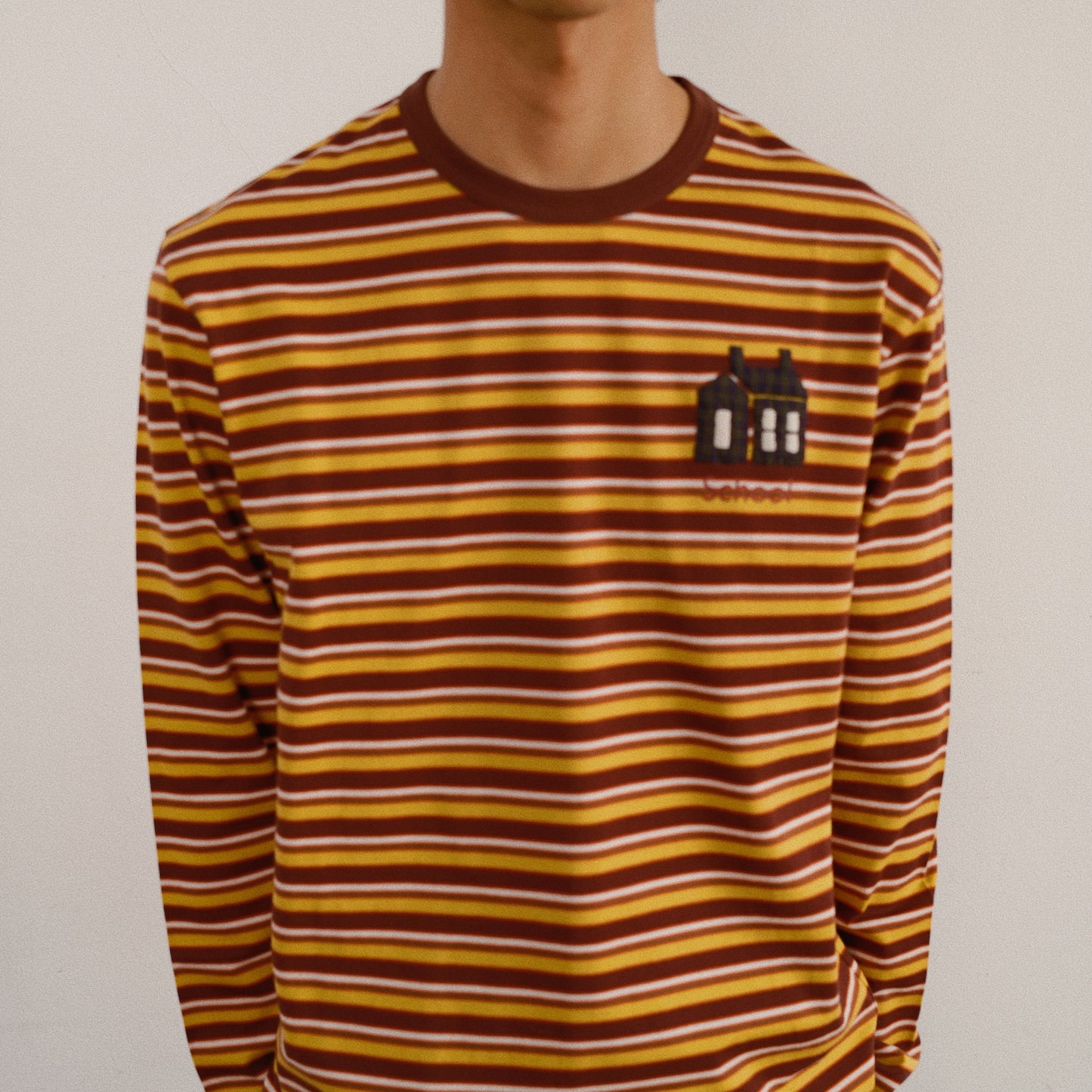 Hand-Embroidered Stripe Long Sleeve T-Shirt Brown