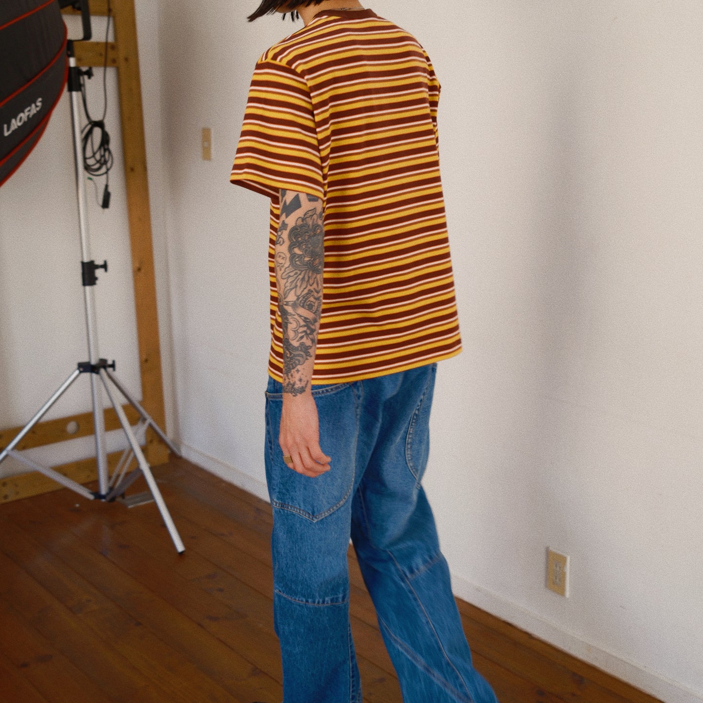 Hand-Embroidered Stripe T-Shirt Brown
