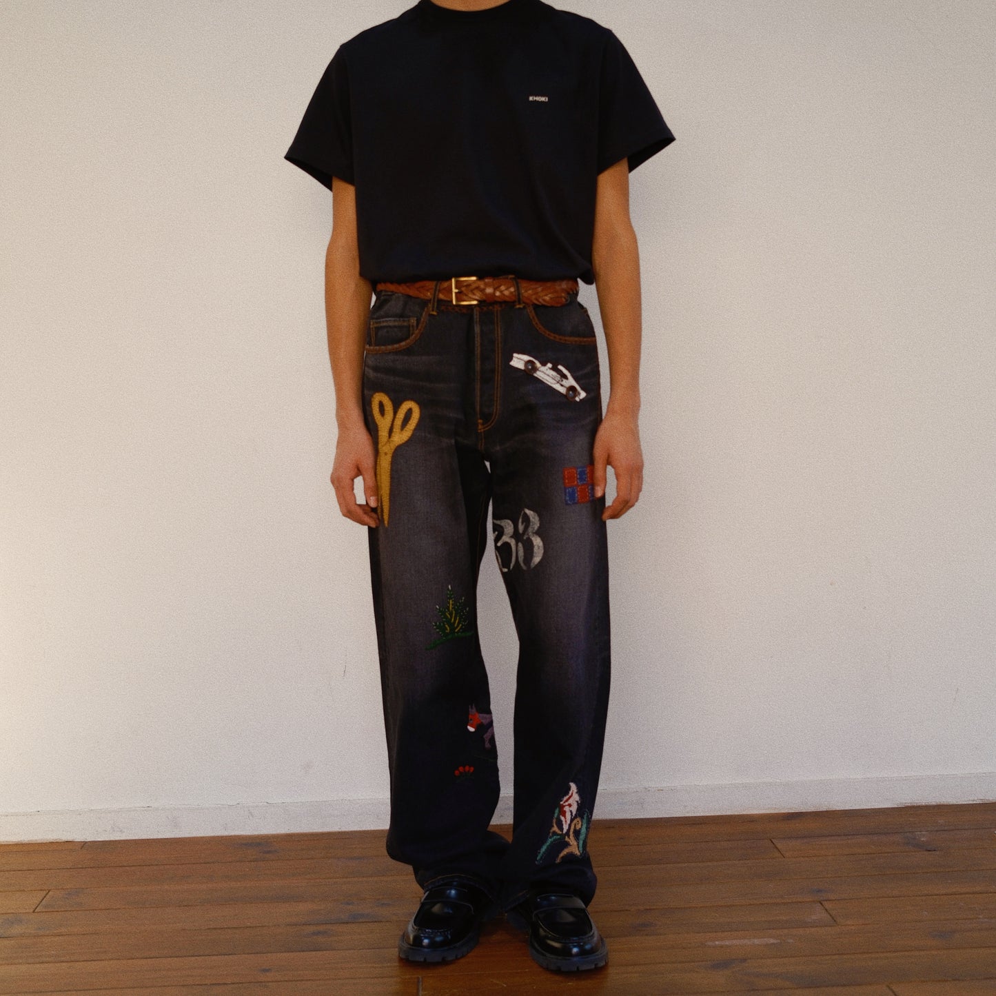 Hand-Embroidered Denim Pants 　Black