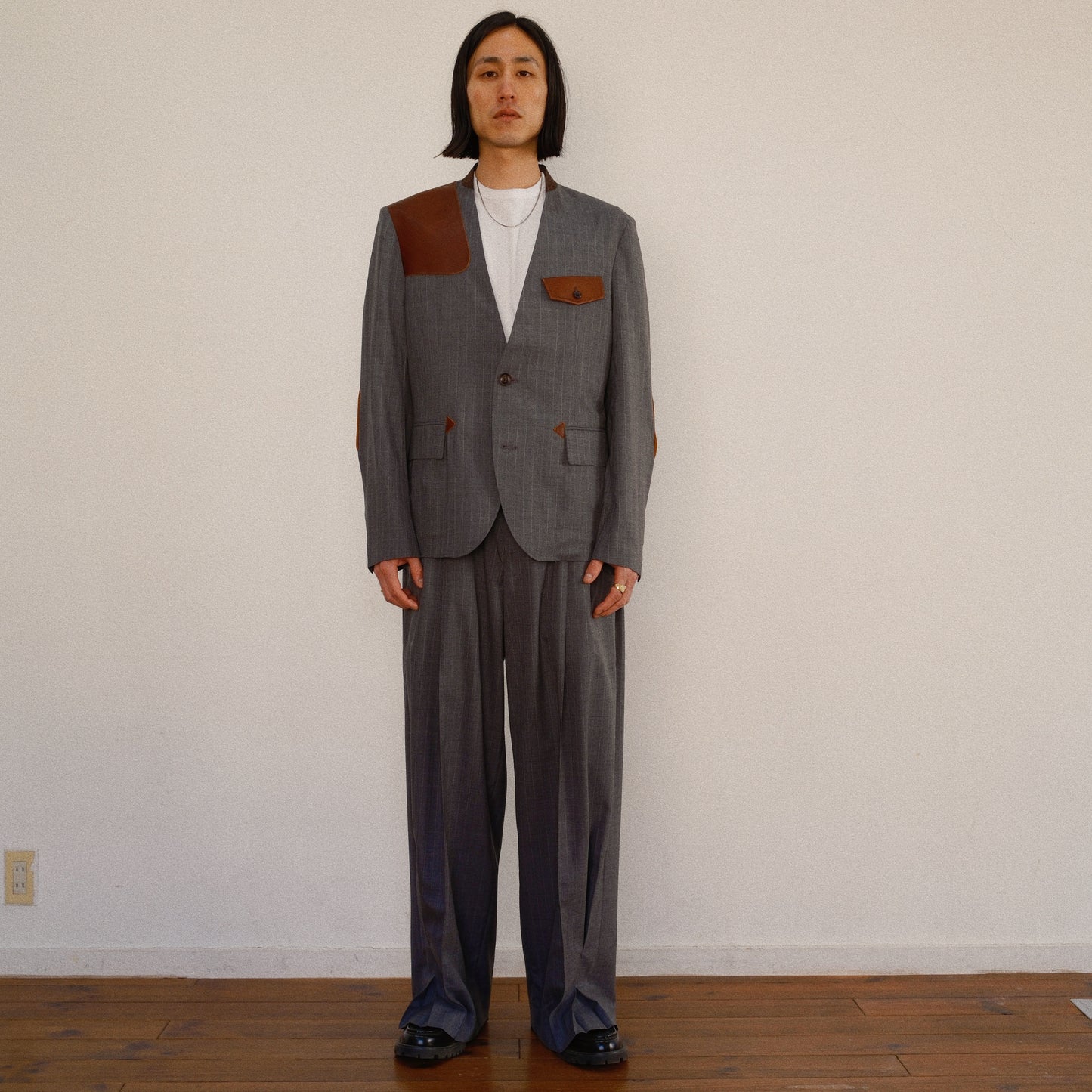 Leather-Patch No-Collar Jacket Gray