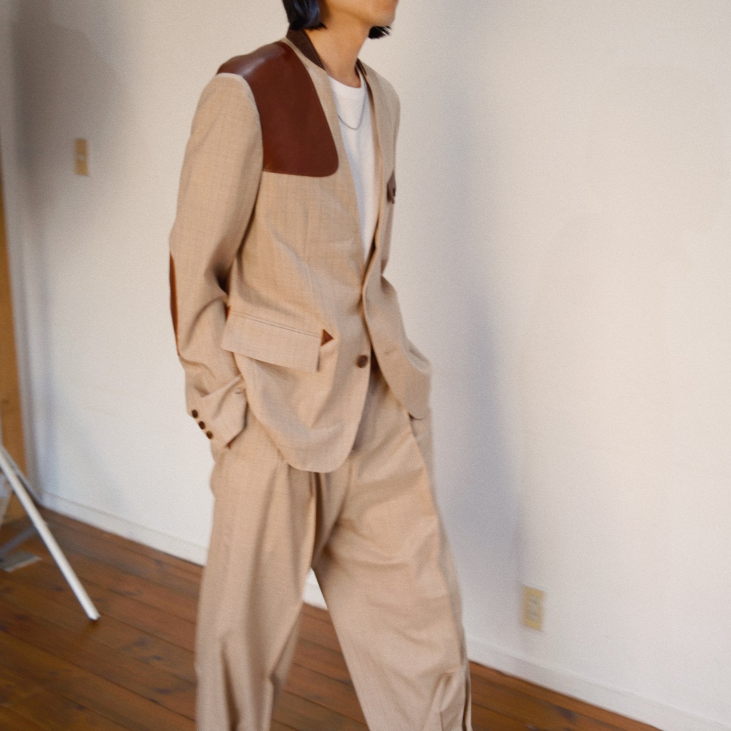 Leather-Patch No-Collar Jacket Beige