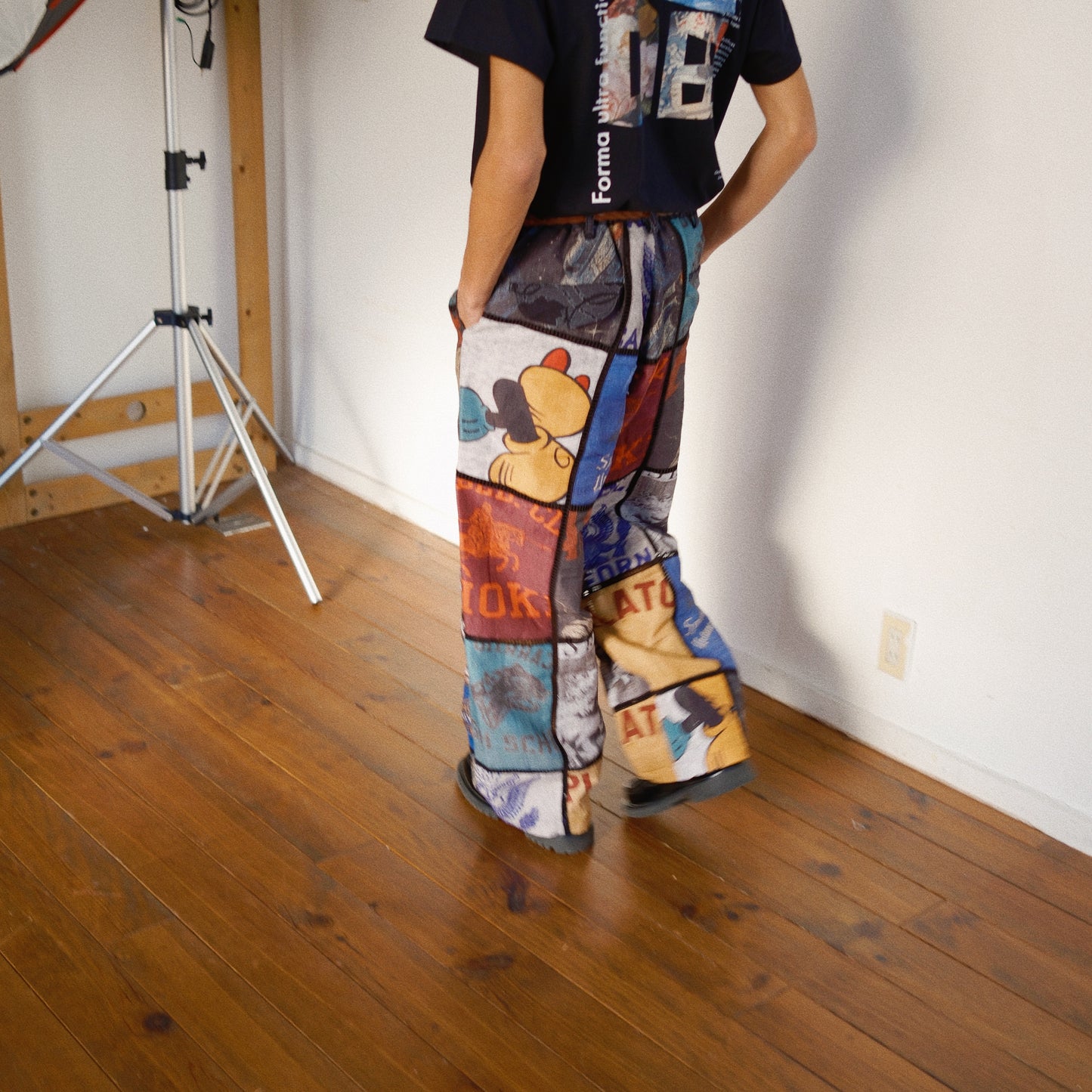 Patchworked Silk Pants Black