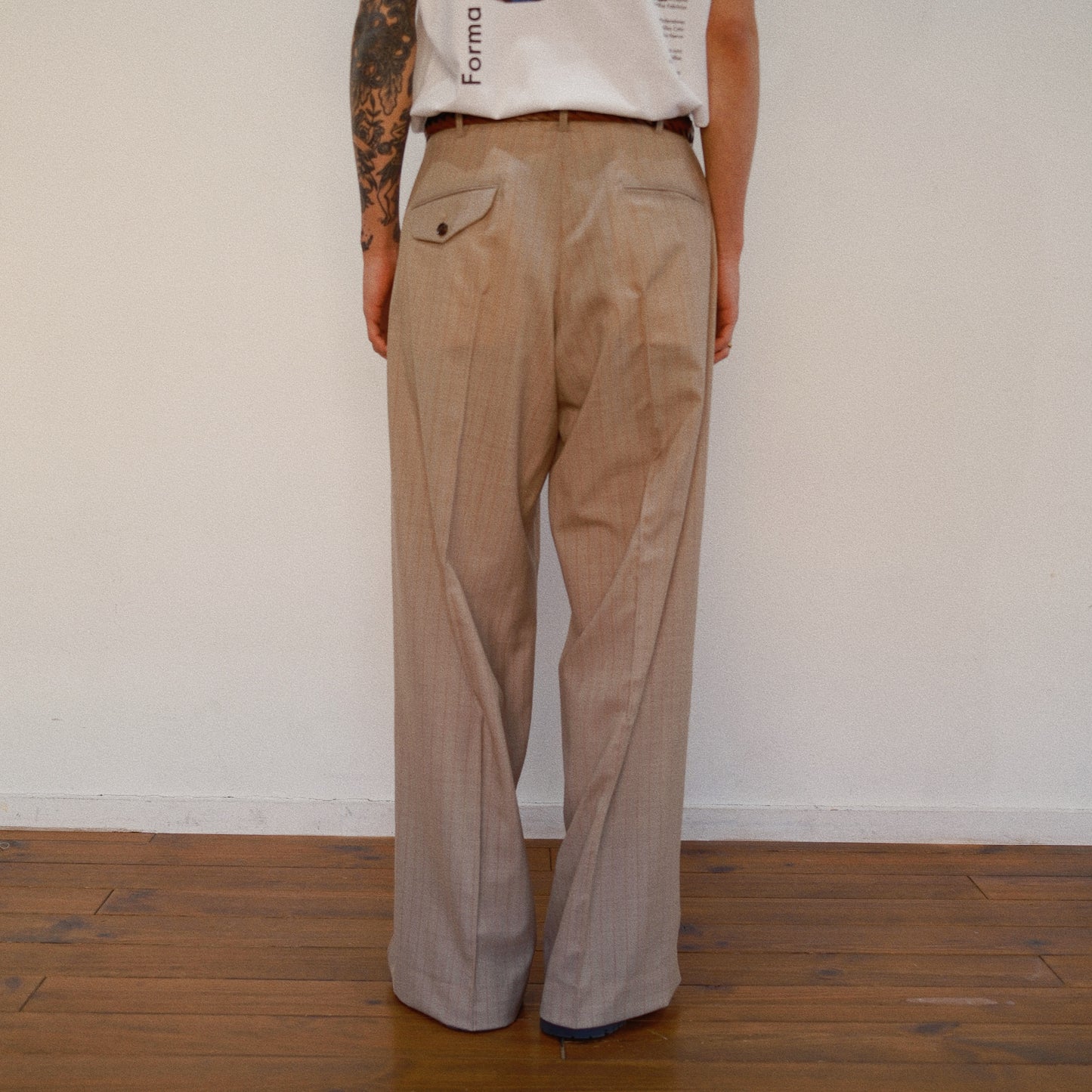 Pleated Stripe Summer Wool Pants　Beige