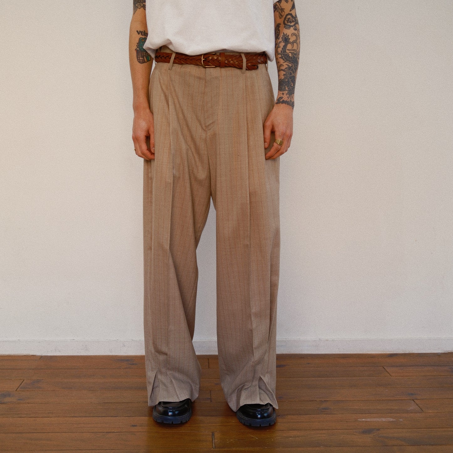 Pleated Stripe Summer Wool Pants　Beige