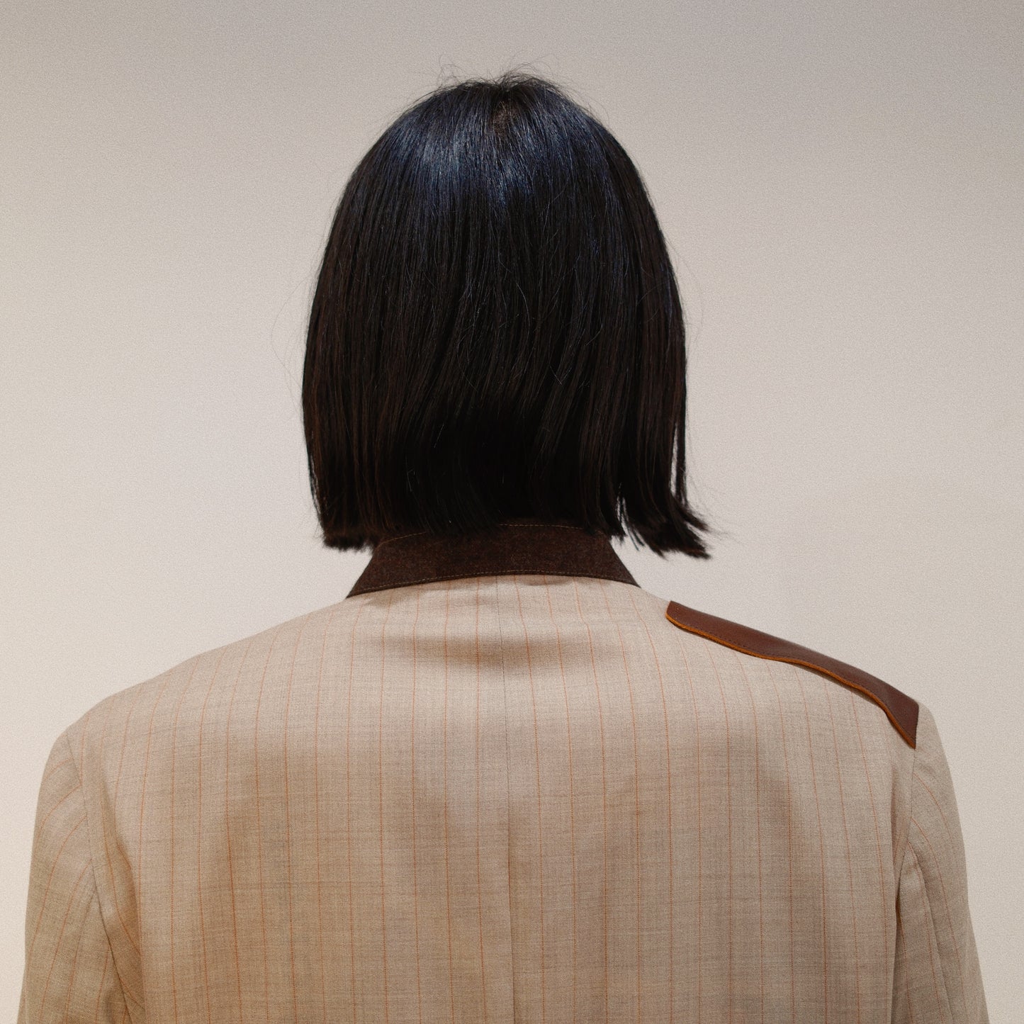 Leather-Patch No-Collar Jacket Beige