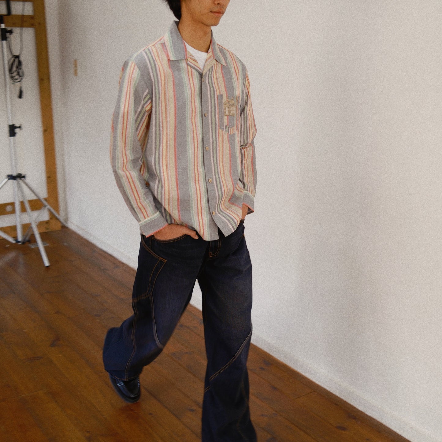 Hand-Embroidered Stripe Shirt  Black