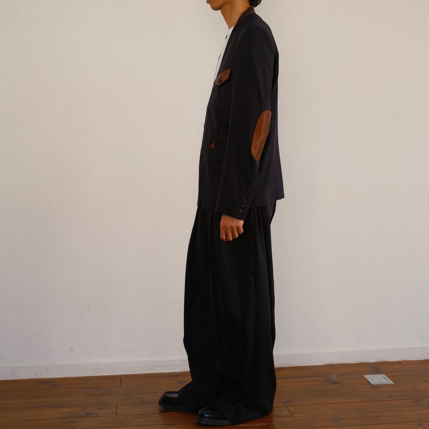 Leather-Patch No-Collar Jacket Black