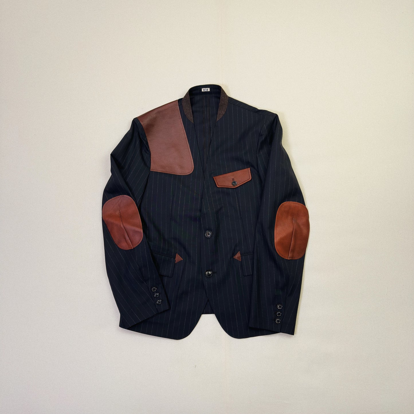 Leather-Patch No-Collar Jacket Black