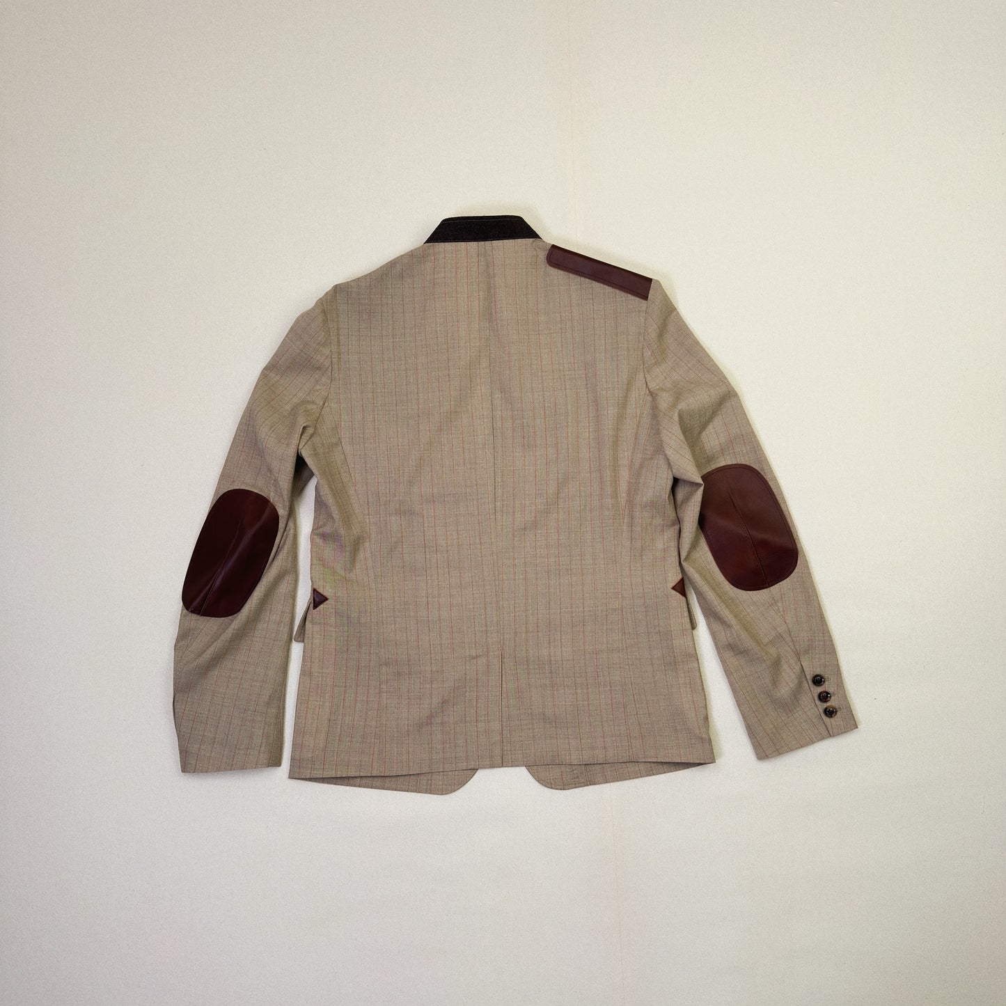 Leather-Patch No-Collar Jacket Beige